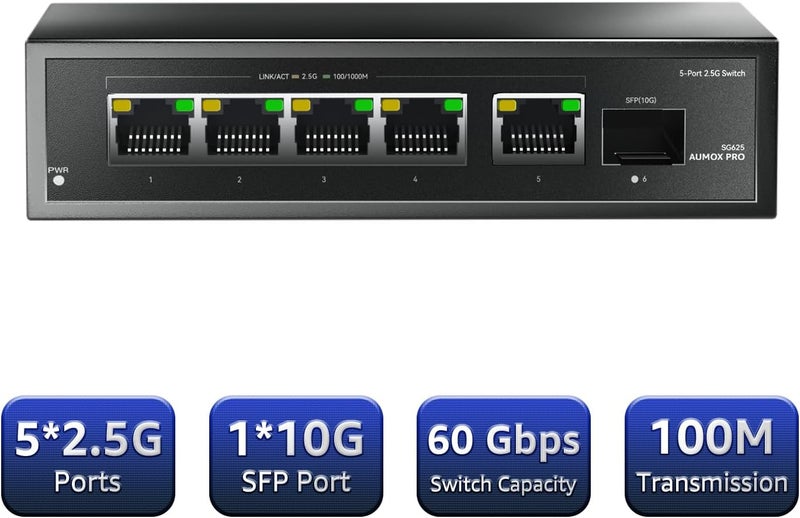 AUMOX PRO 6 Port 2.5Gb Unmanaged Ethernet Switch with 5* 2.5G Base-T Ports, 1*10G SFP Ports, 60Gbps Switching Capacity Compatible with 100/1000/2500Mbps Plug and Play - Image 2
